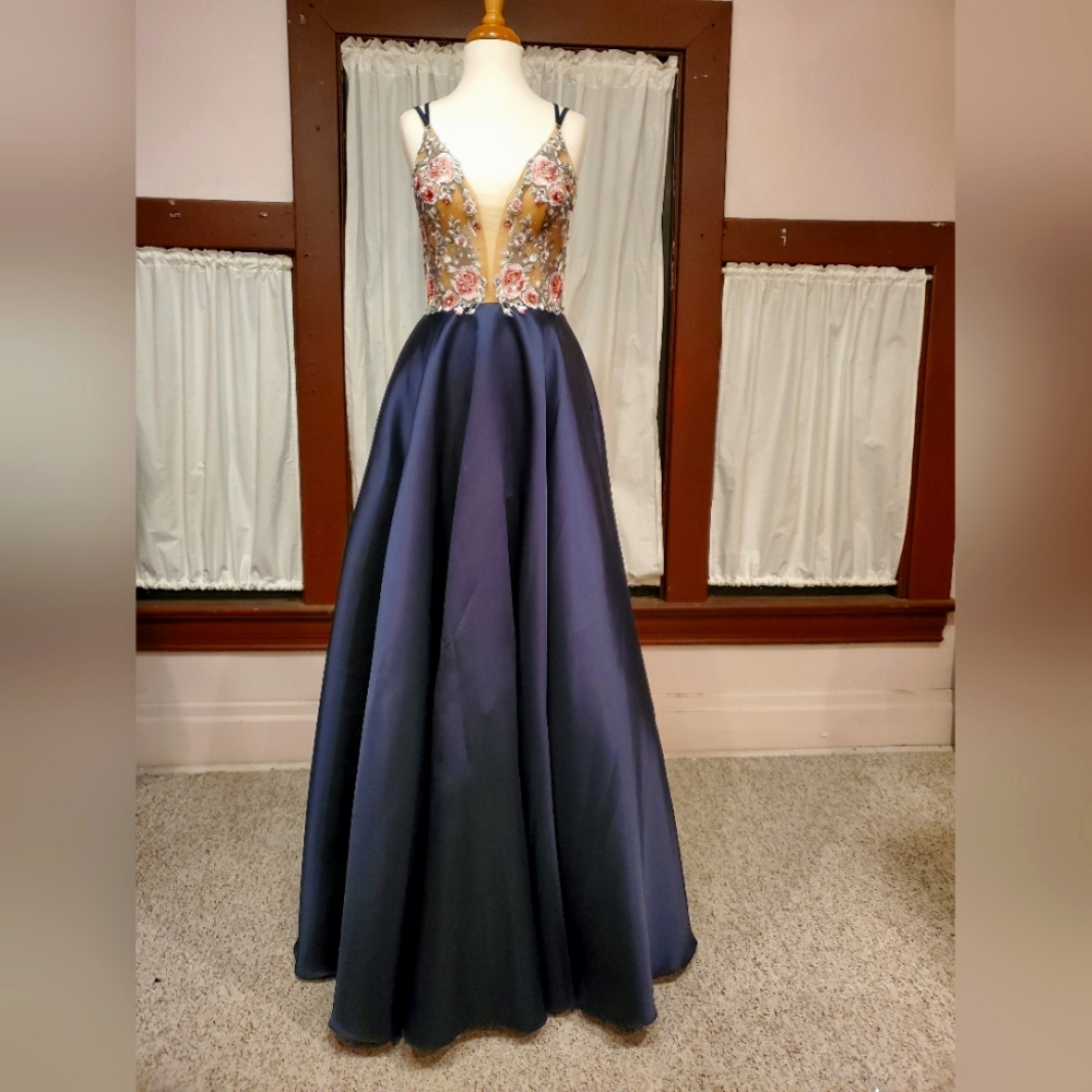 Midnight Blue Ball Gown with Cream Embroidered Sheer Bodice